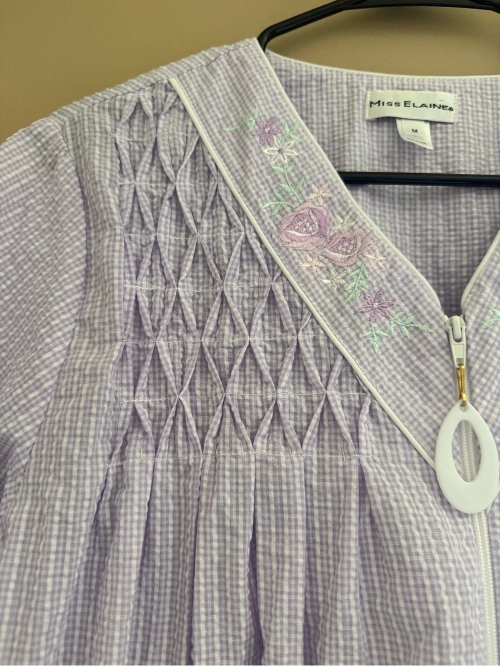 Miss Elaine Lilac Smocked V-Neck Zip sleep Dress nightgown robe pajamas medium